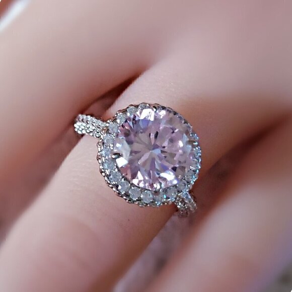 Pink & White Round Diamond Simulant, Cubic Zirconia Rhodium Over Sterling Silver - Picture 4 of 4